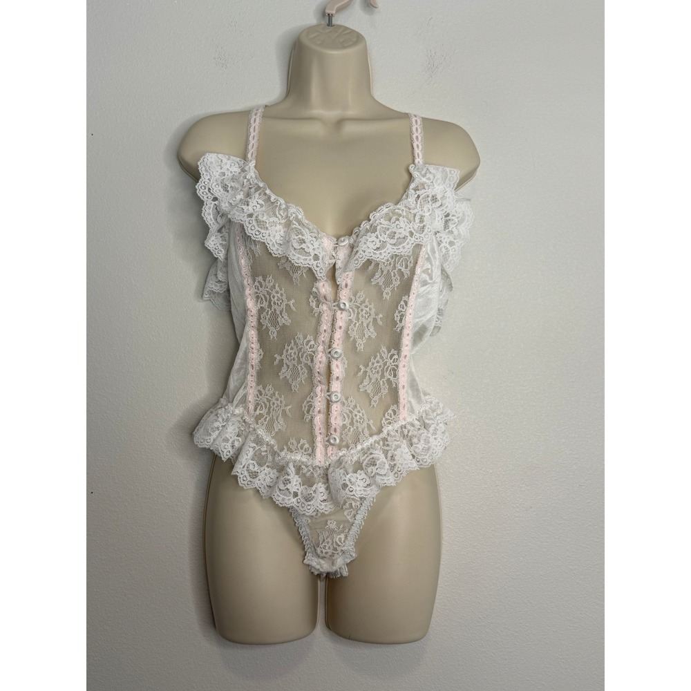 Vintage White Floral Lace Trim Nylon Teddy One Piece Lingerie Style 3140 Sz M